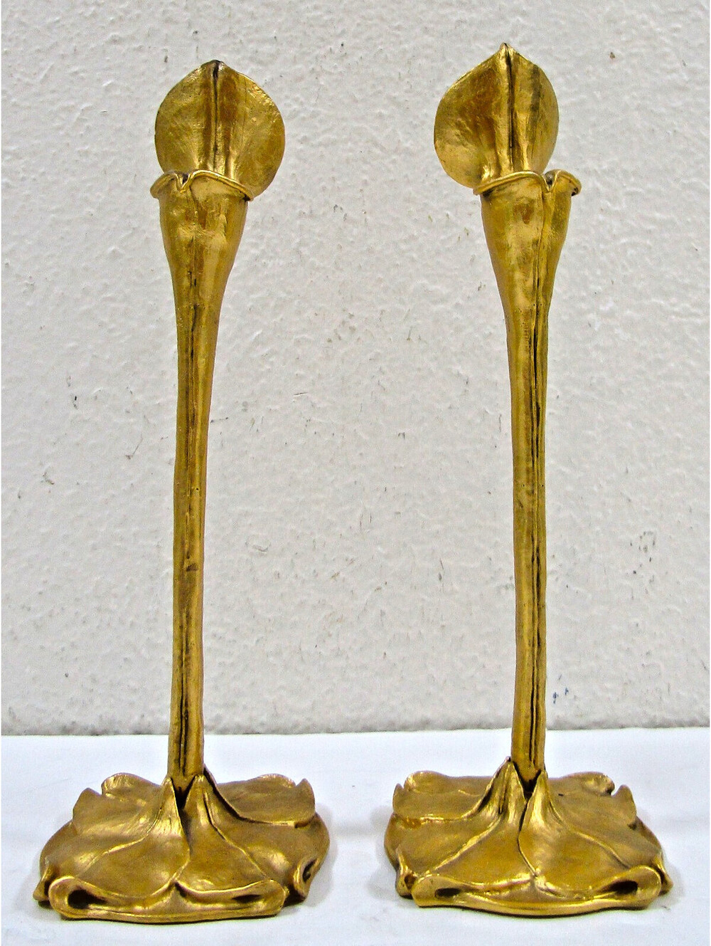 Pair Art Nouveau German Cast Brass Calla Lily Candlesticks attr. Richard Müller